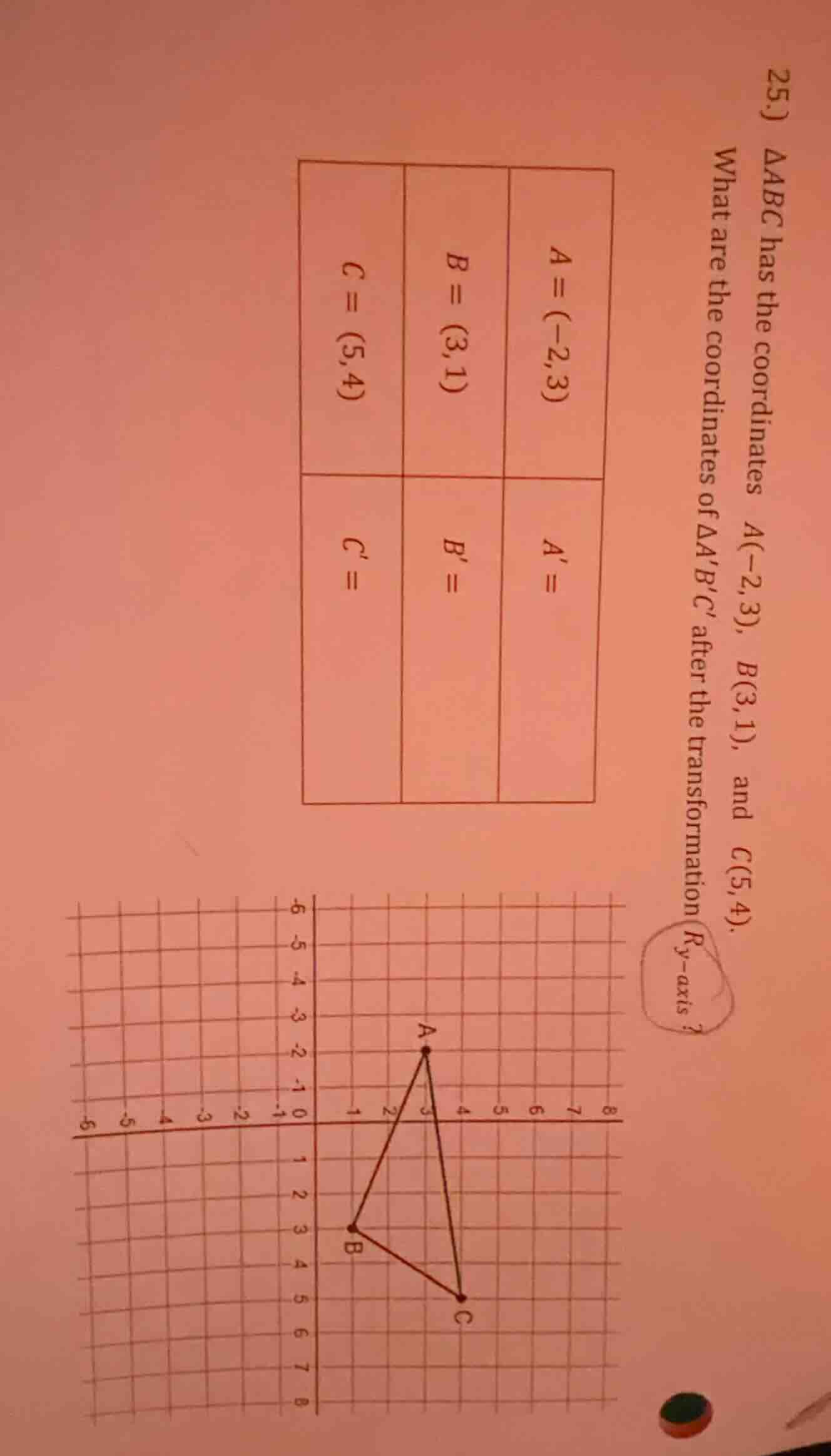 25.) δabc has the coordinates a(-2,3), b(3,1), and c(5,4). what are the…