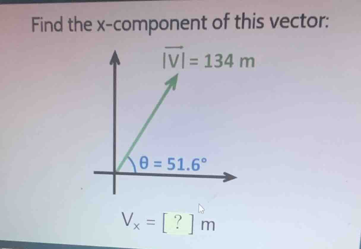 find the x - component of this vector: |v| = 134 m, θ = 51.6°, vₓ = ? m