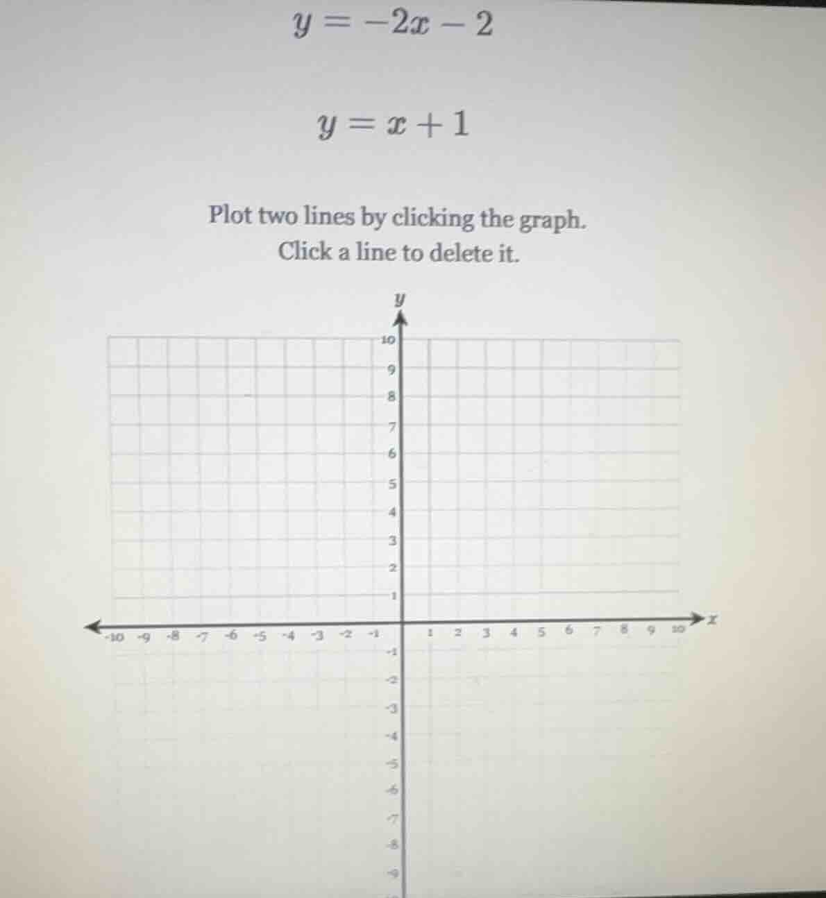 y = -2x - 2 y = x + 1 plot two lines by clicking the graph. click a lin…