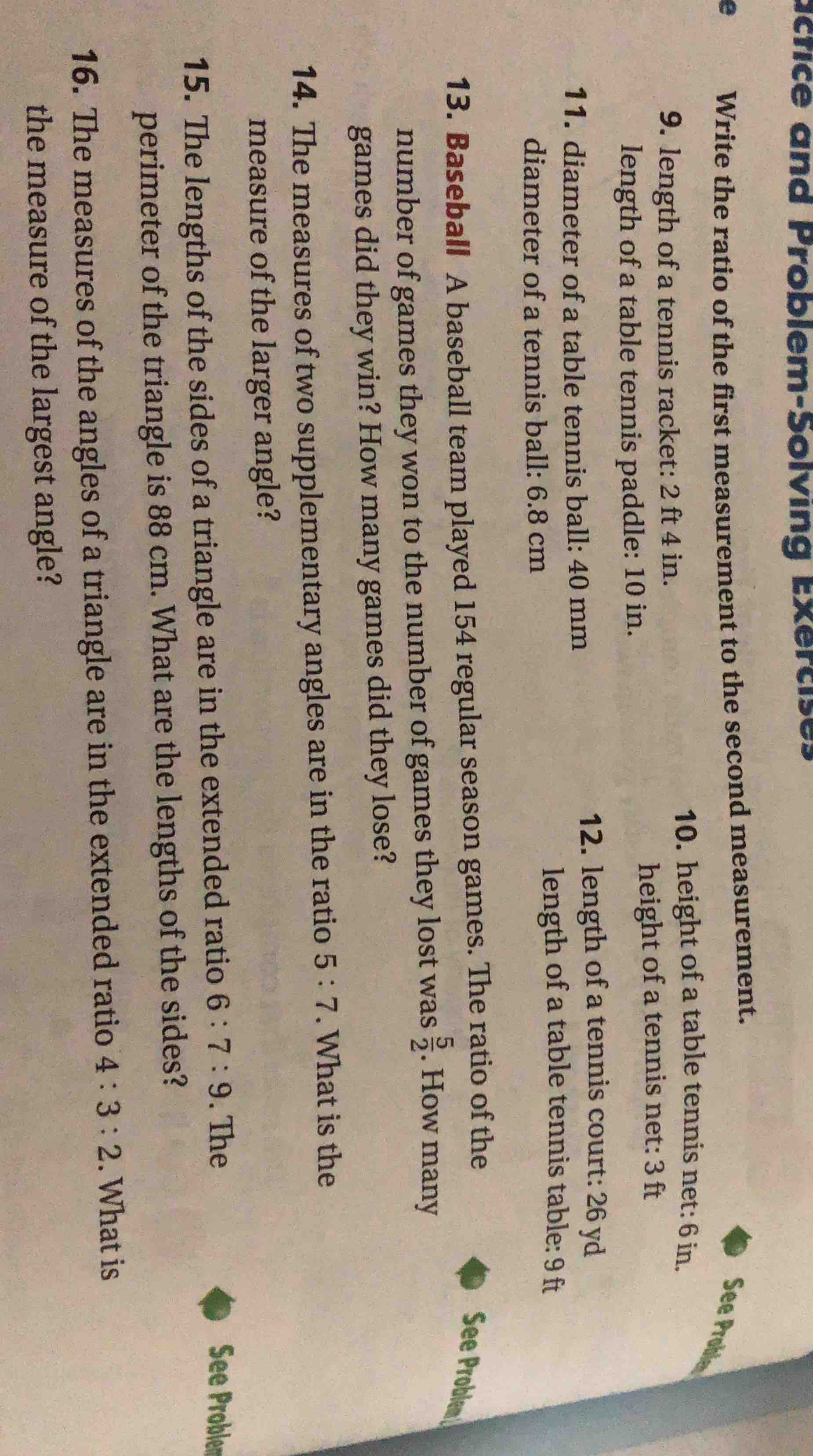 write the ratio of the first measurement to the second measurement. 9. …