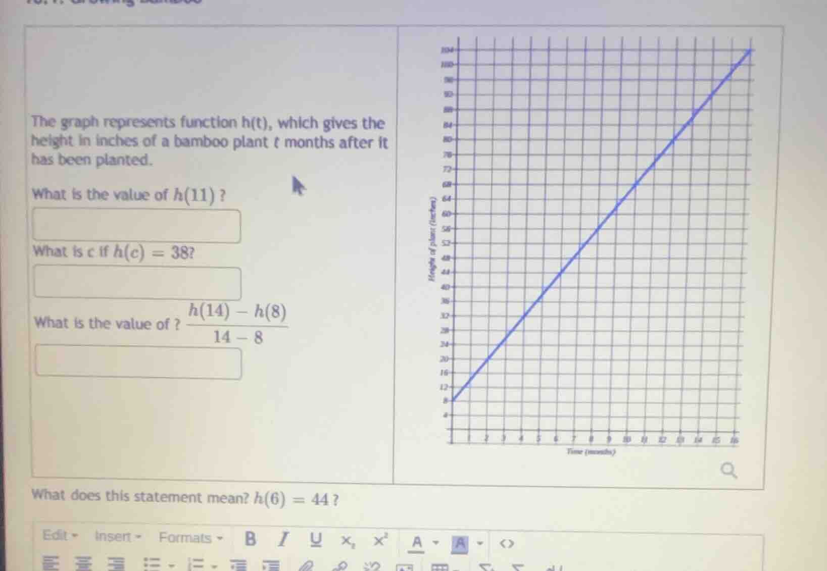 the graph represents function h(t), which gives the height in inches of…