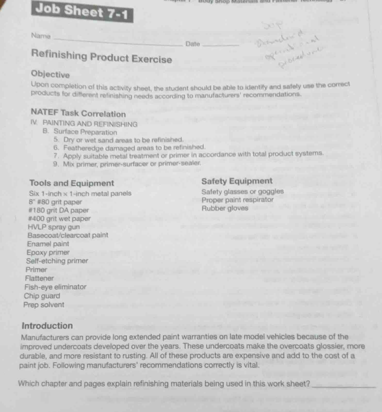 job sheet 7-1 name date refinishing product exercise objective upon com…