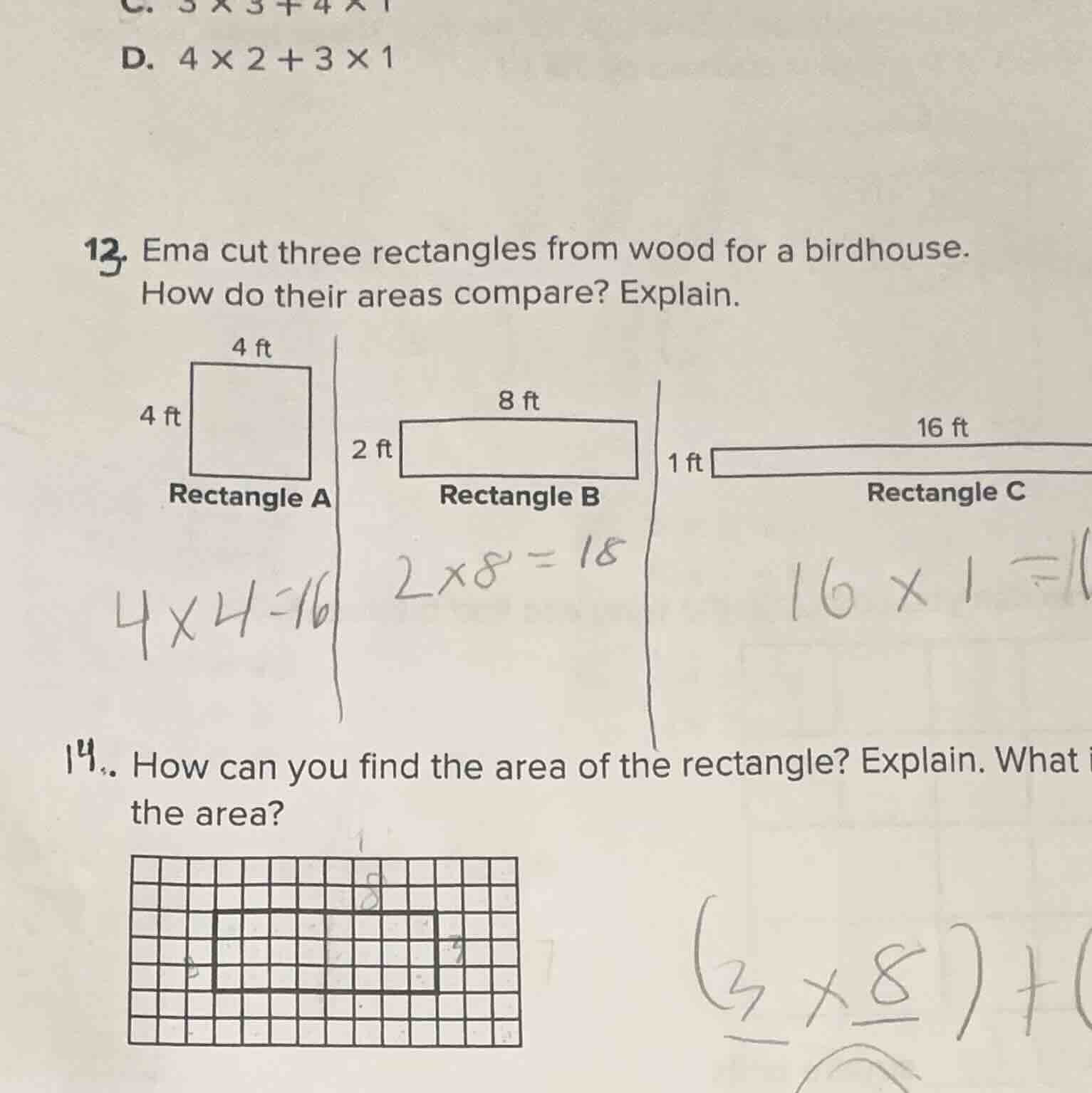 13. ema cut three rectangles from wood for a birdhouse. how do their ar…