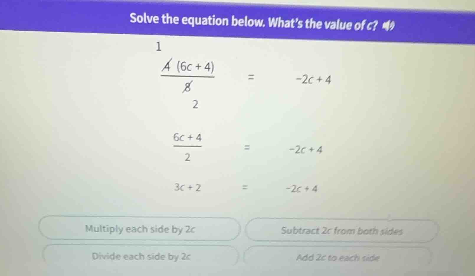 solve the equation below. what’s the value of c? \\(\\frac{4(6c + 4)}{8…