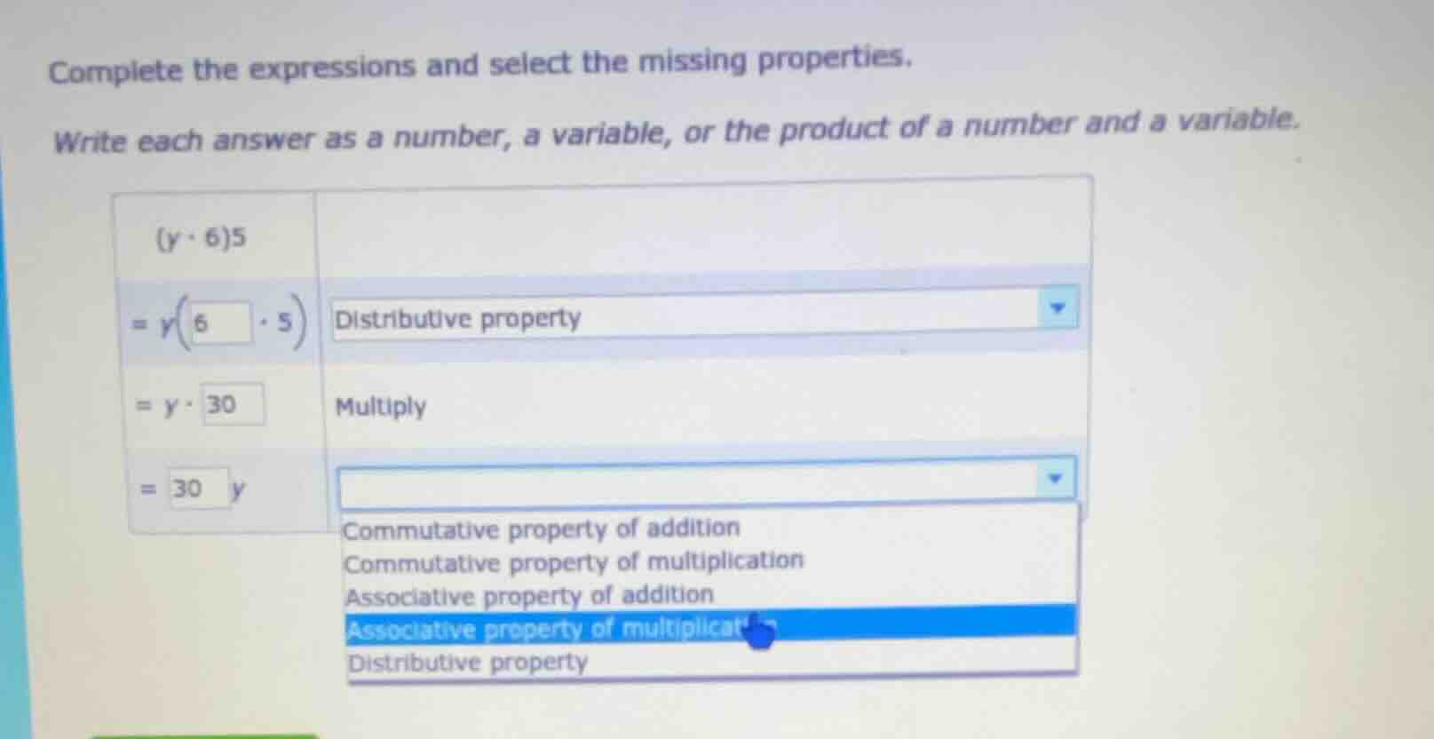 complete the expressions and select the missing properties. write each …