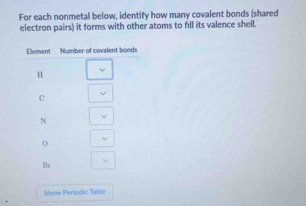 for each nonmetal below, identify how many covalent bonds (shared elect…