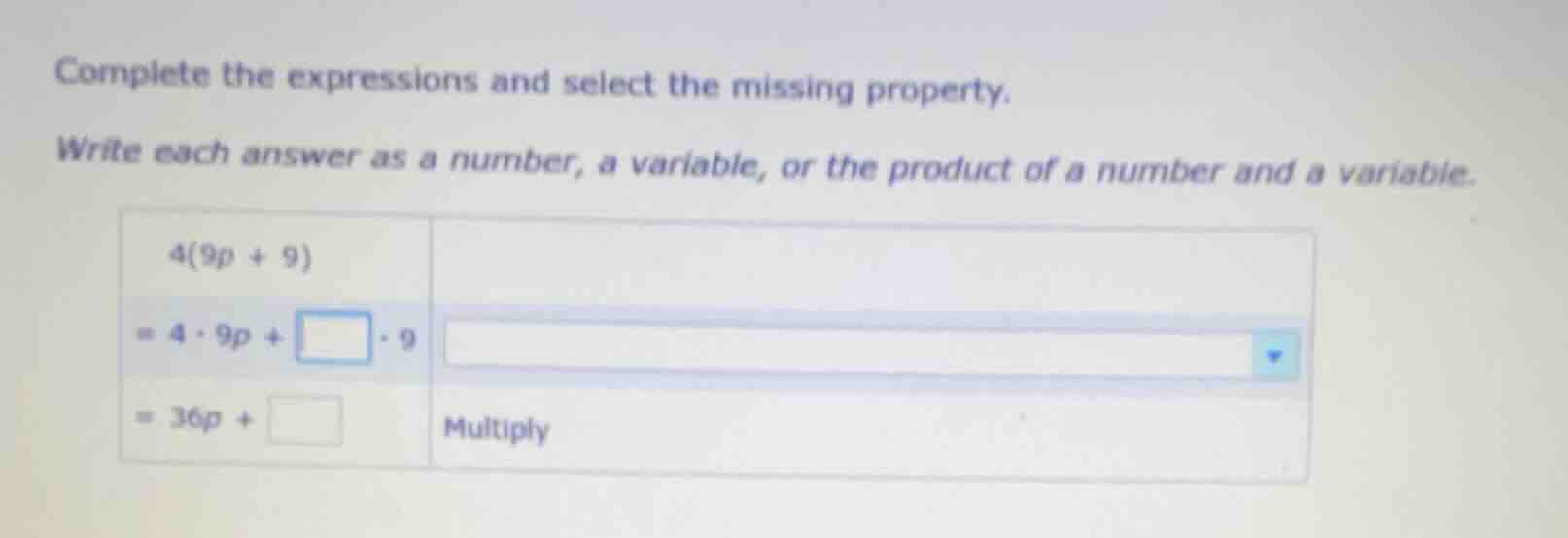 complete the expressions and select the missing property. write each an…