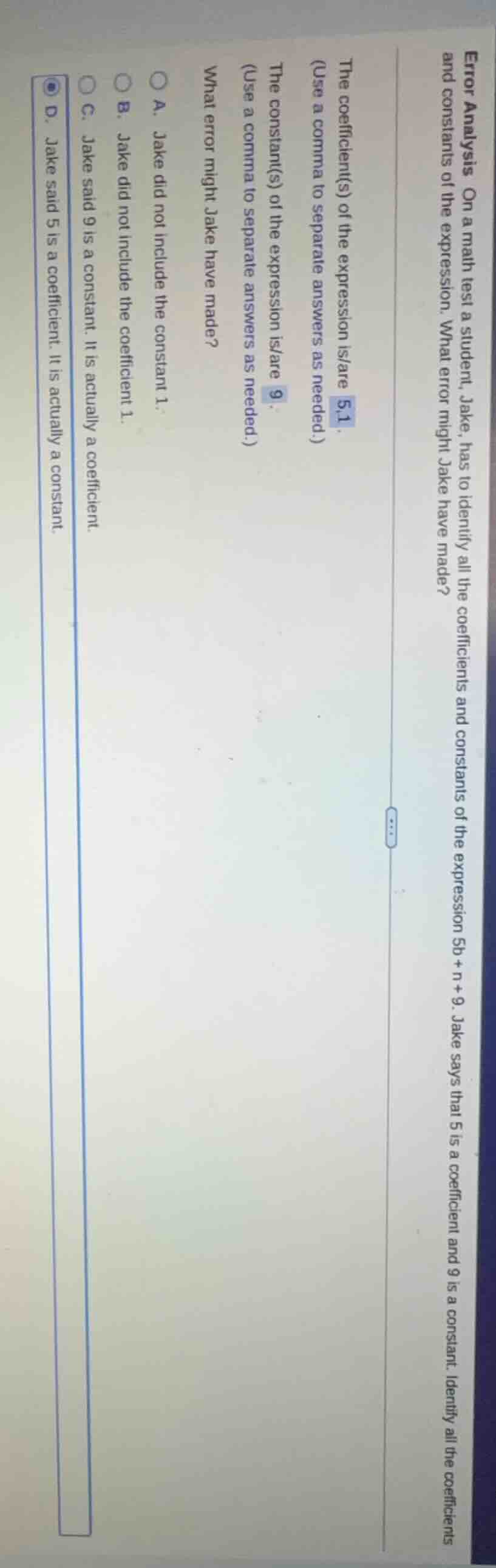 error analysis on a math test a student, jake, has to identify all the …