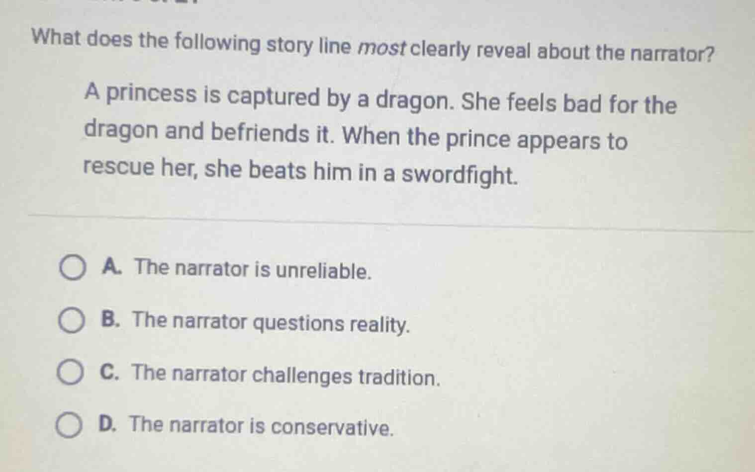 what does the following story line most clearly reveal about the narrat…