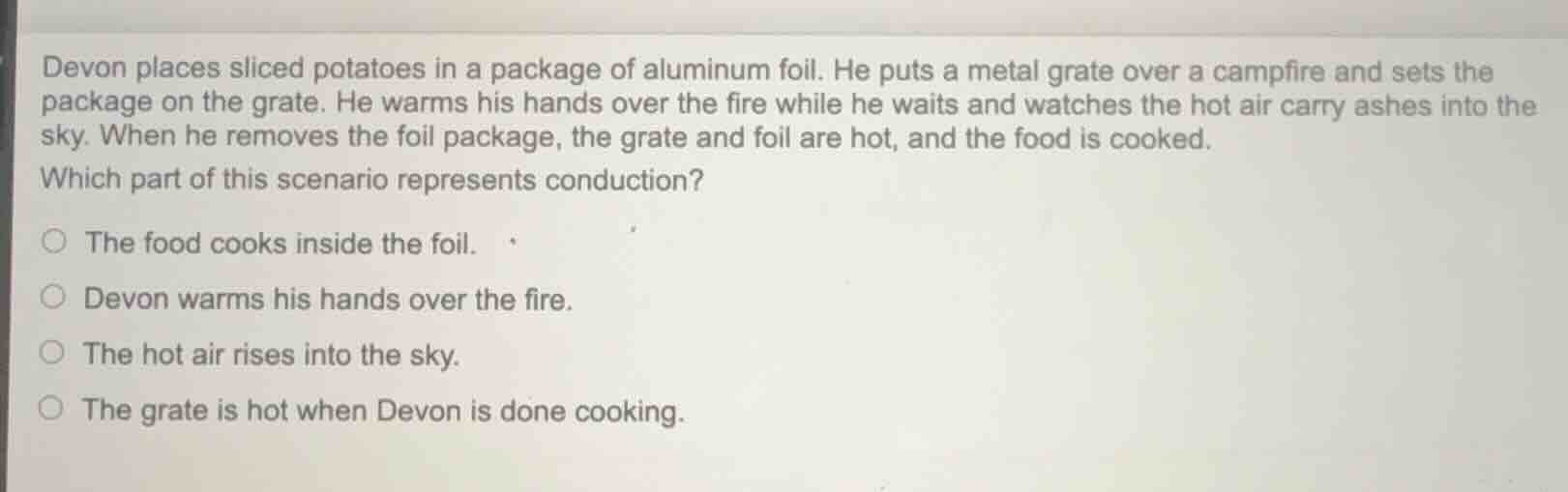 devon places sliced potatoes in a package of aluminum foil. he puts a m…