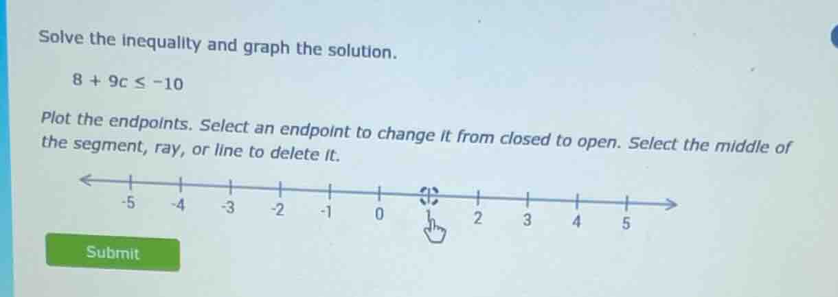 solve the inequality and graph the solution. 8 + 9c ≤ -10 plot the endp…