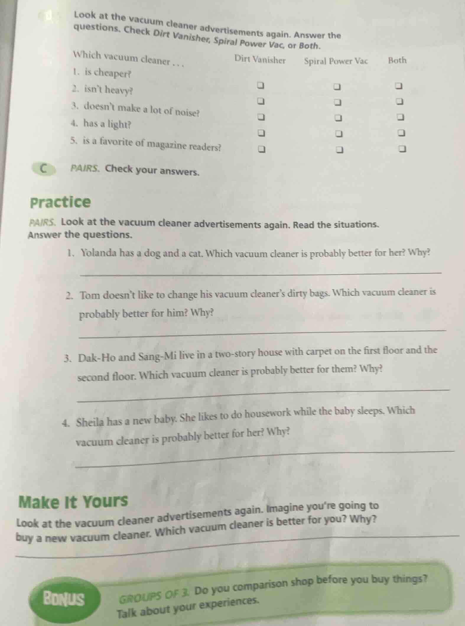 look at the vacuum cleaner advertisements again. answer the questions. …