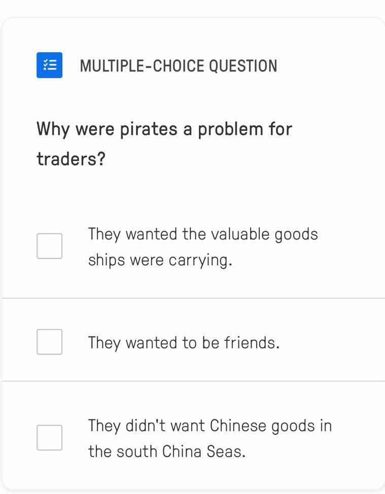 multiple-choice question why were pirates a problem for traders? they w…