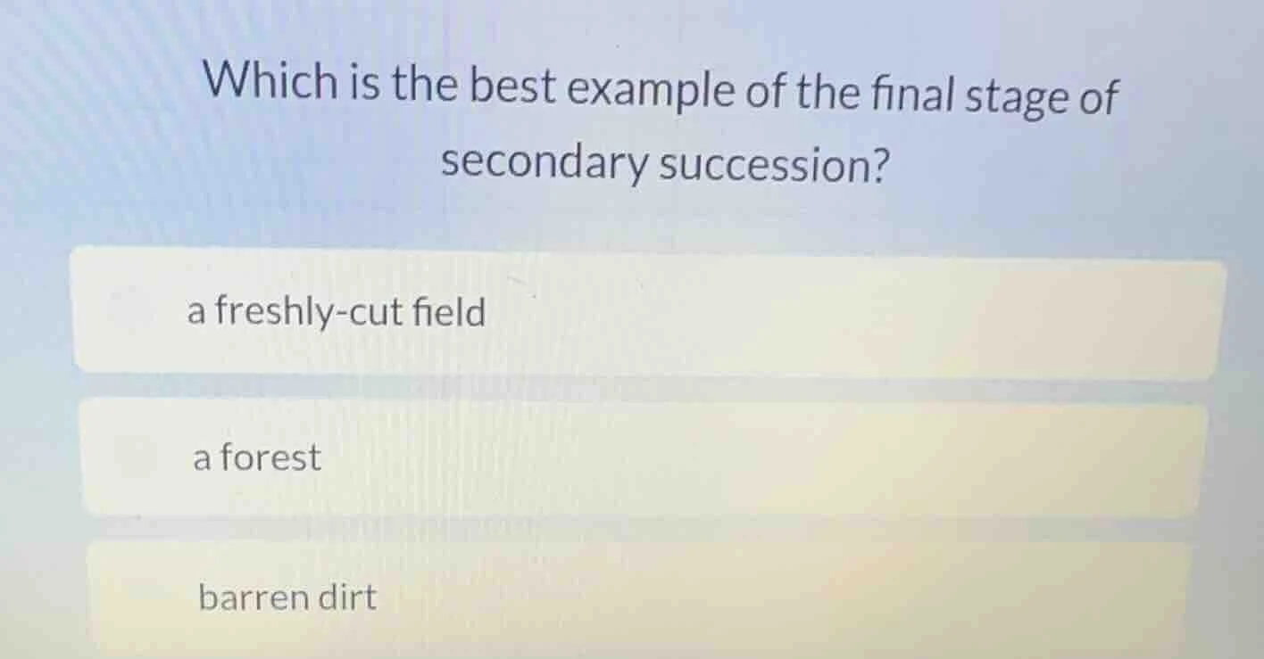 which is the best example of the final stage of secondary succession? a…