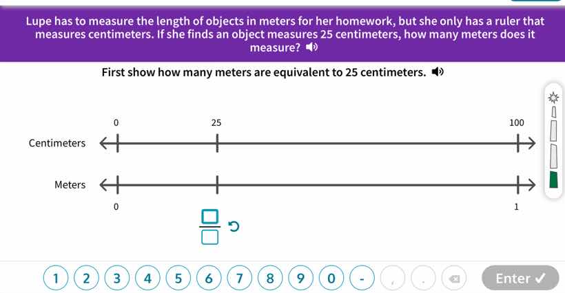 lupe has to measure the length of objects in meters for her homework, b…