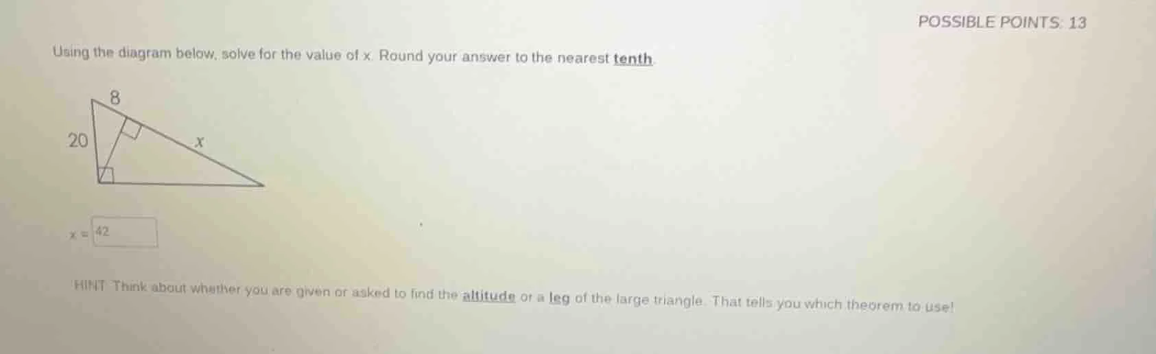 using the diagram below, solve for the value of x. round your answer to…