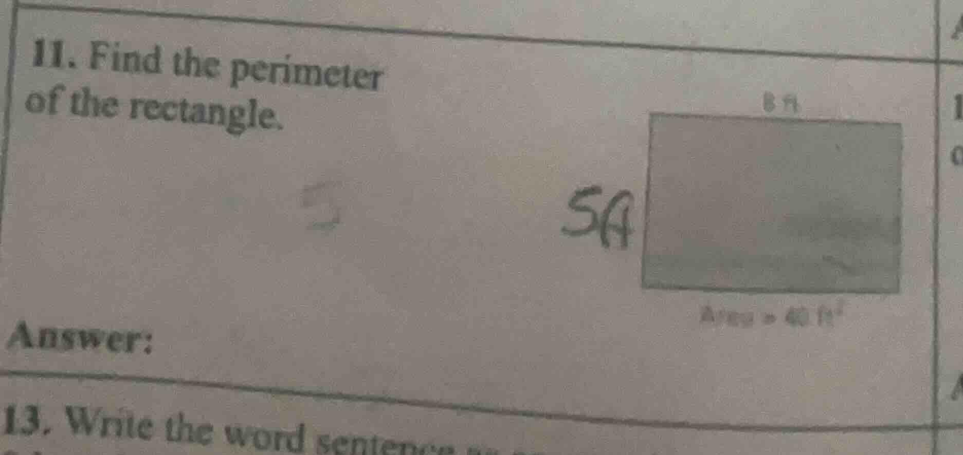 11. find the perimeter of the rectangle. answer: 13. write the word sen…