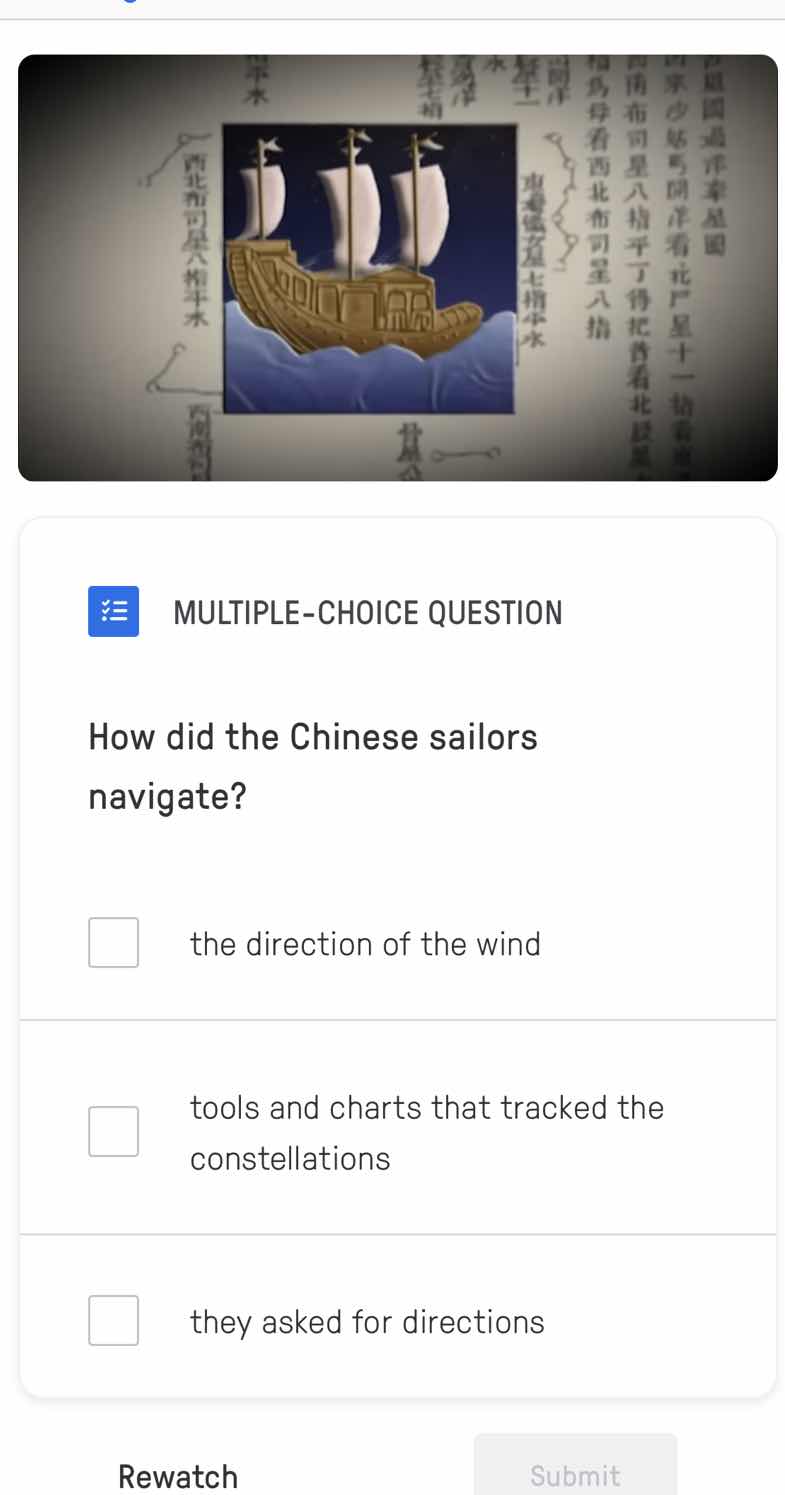 multiple-choice question how did the chinese sailors navigate? the dire…