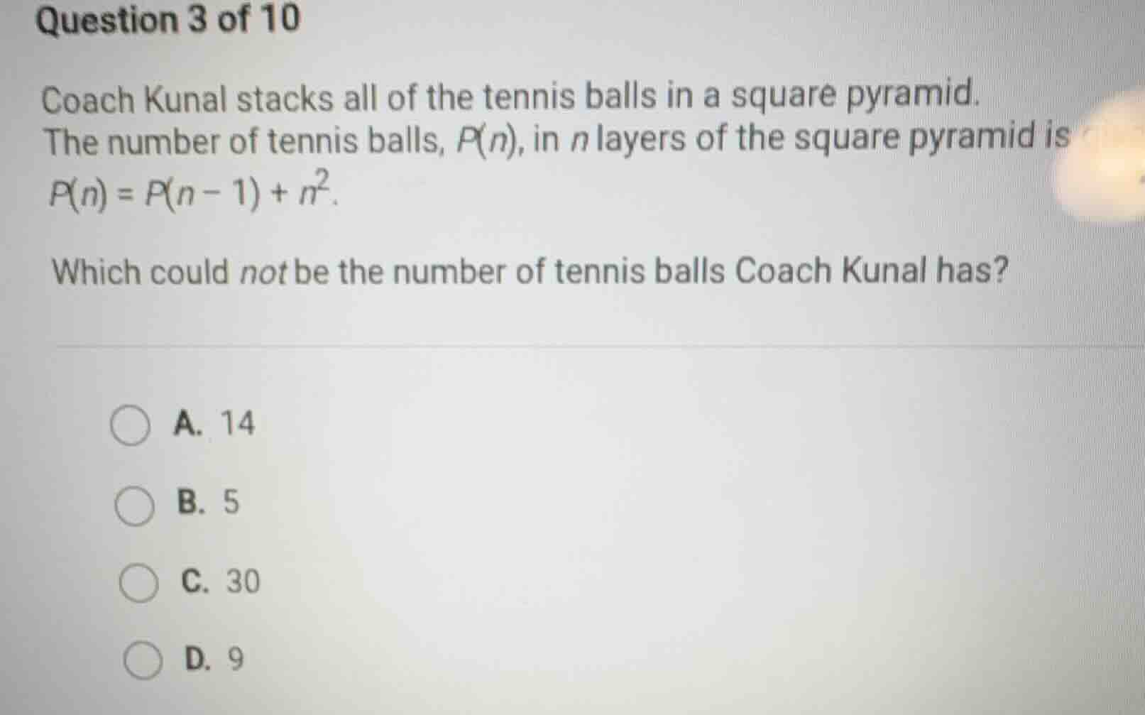 question 3 of 10 coach kunal stacks all of the tennis balls in a square…