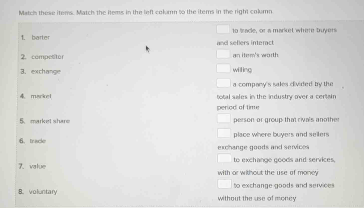 match these items. match the items in the left column to the items in t…