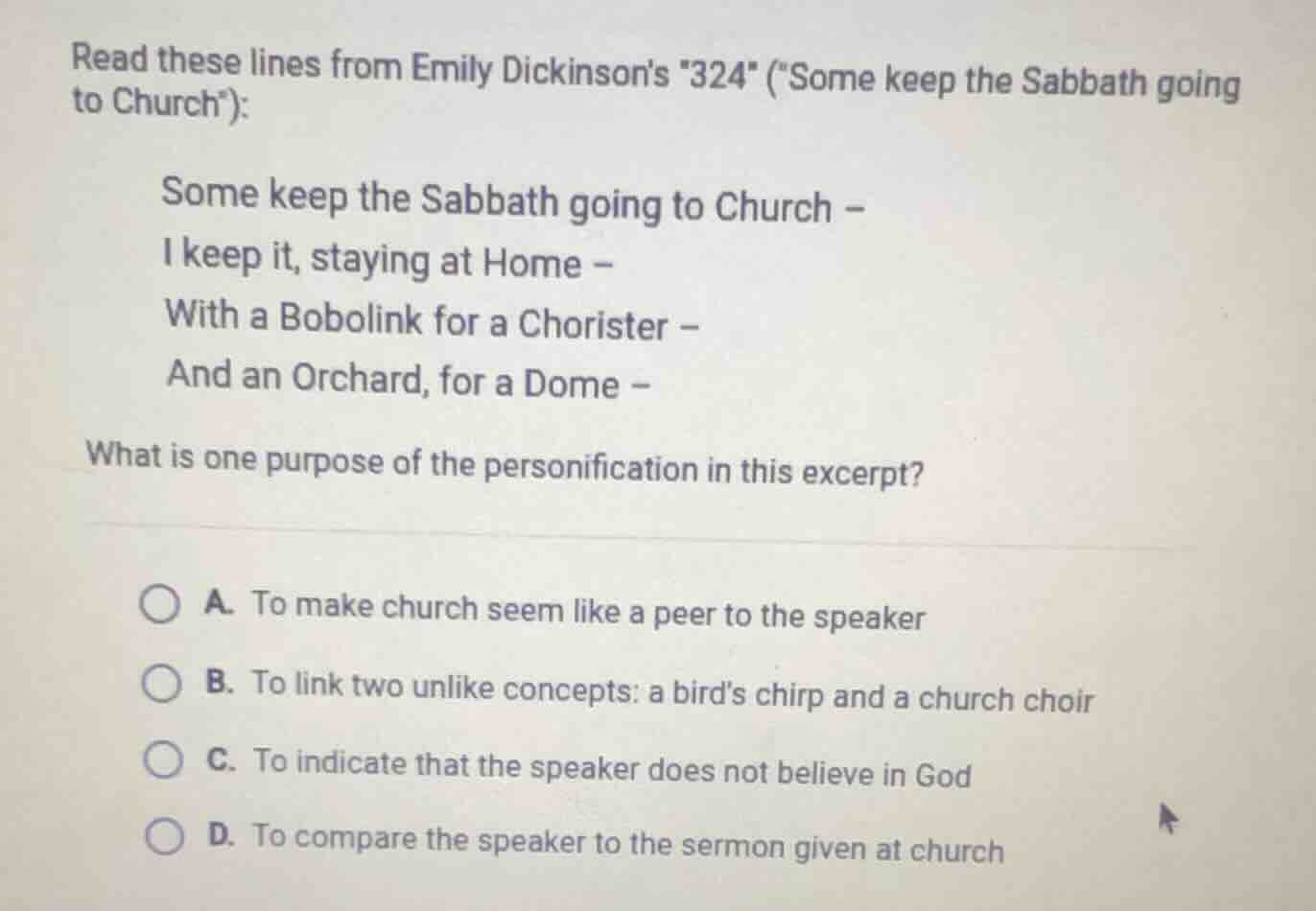 read these lines from emily dickinsons \324\ (\some keep the sabbath go…