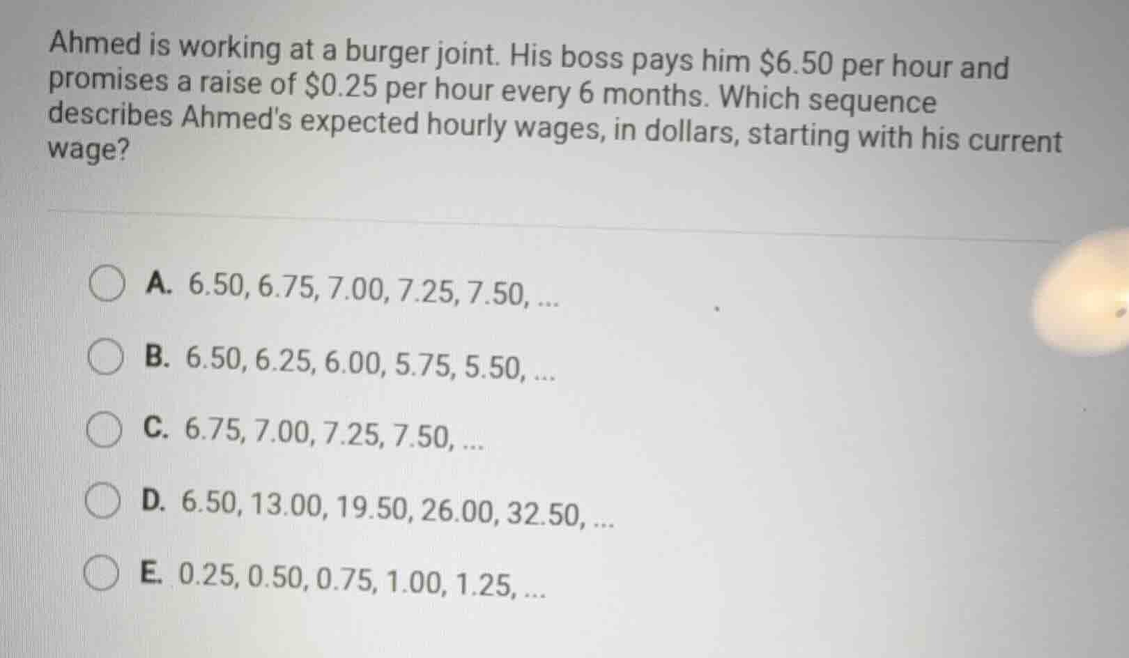 ahmed is working at a burger joint. his boss pays him $6.50 per hour an…