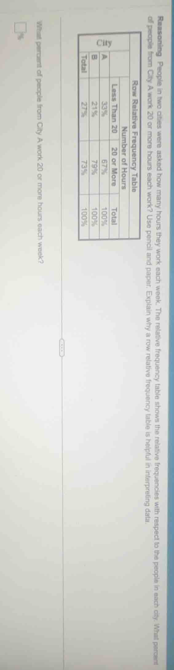 reasoning people in two cities were asked how many hours they work each…