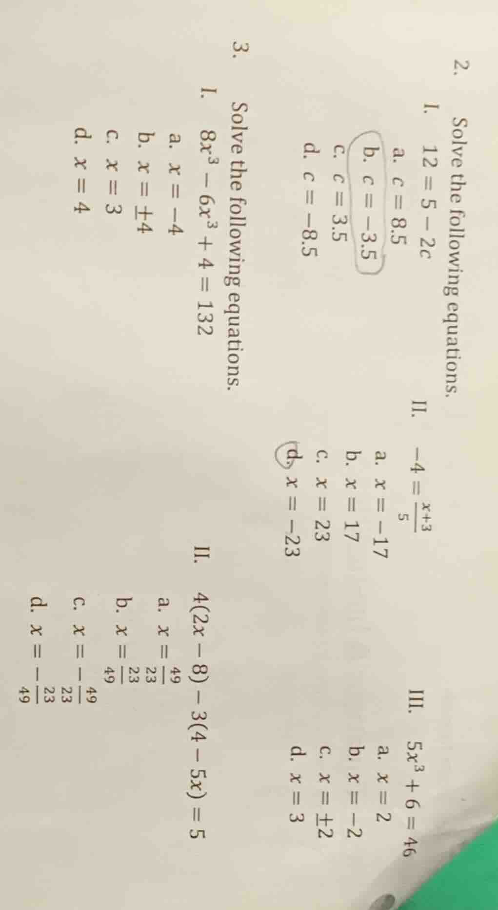 2. solve the following equations. i. $12 = 5 - 2c$ a. $c = 8.5$ b. $c =…