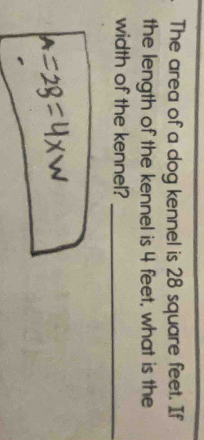 the area of a dog kennel is 28 square feet. if the length of the kennel…