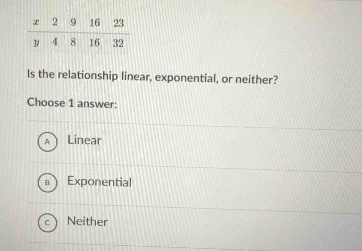x 2 9 16 23 y 4 8 16 32 is the relationship linear, exponential, or nei…
