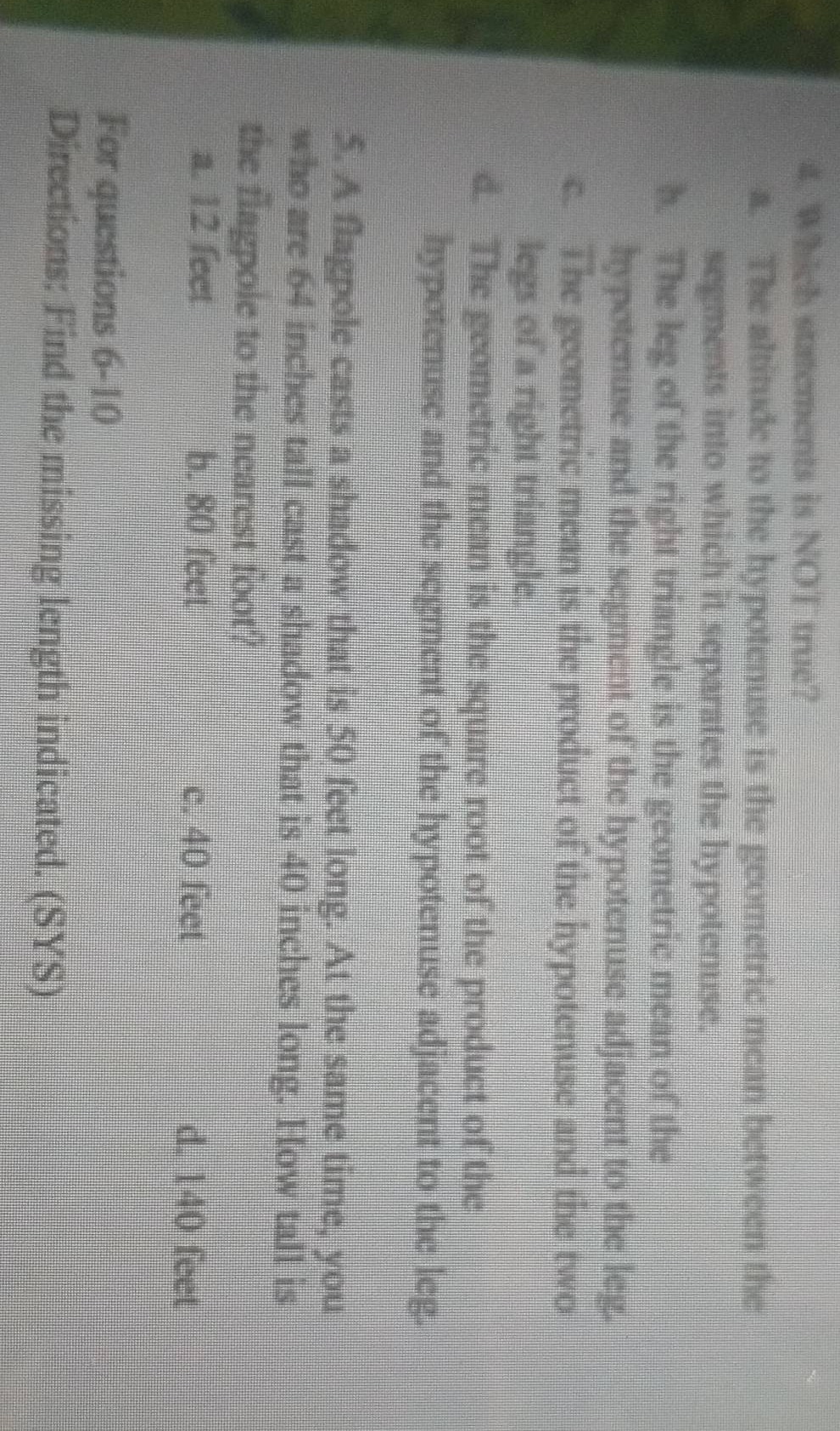 5. a flagpole casts a shadow that is 50 feet long. at the same time, yo…