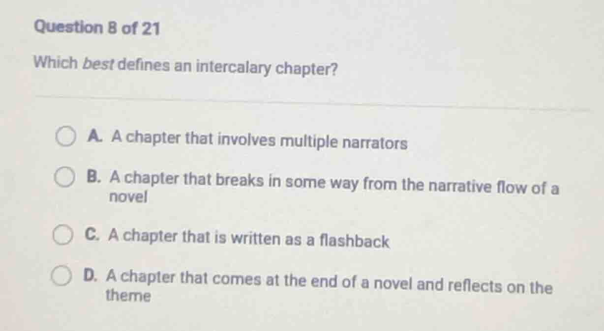 question 8 of 21 which best defines an intercalary chapter? a. a chapte…