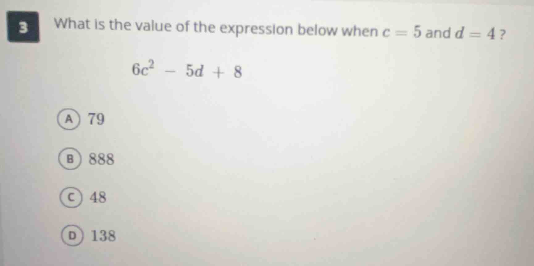 3 what is the value of the expression below when c = 5 and d = 4? $6c^2…