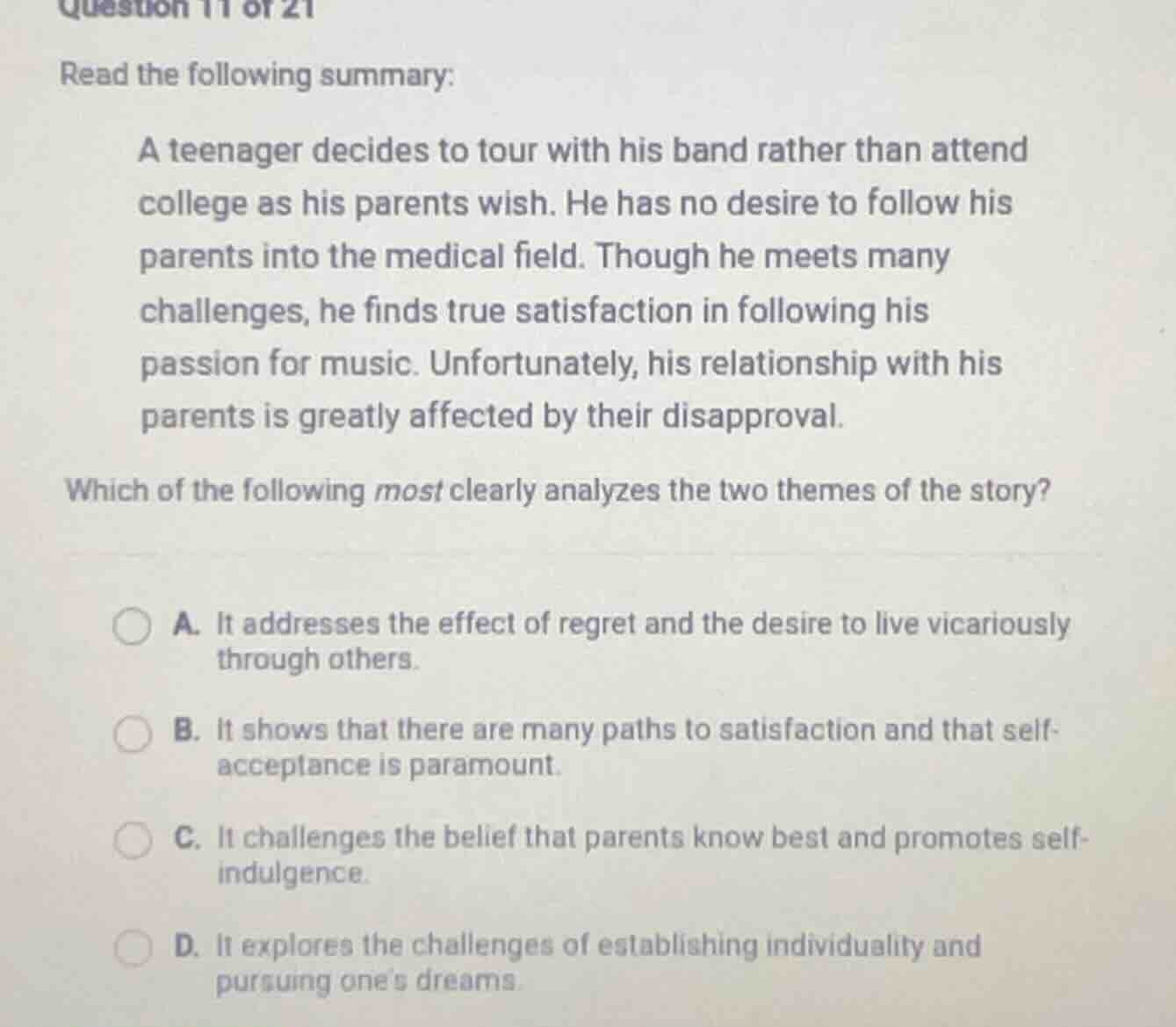 question 11 of 21 read the following summary: a teenager decides to tou…