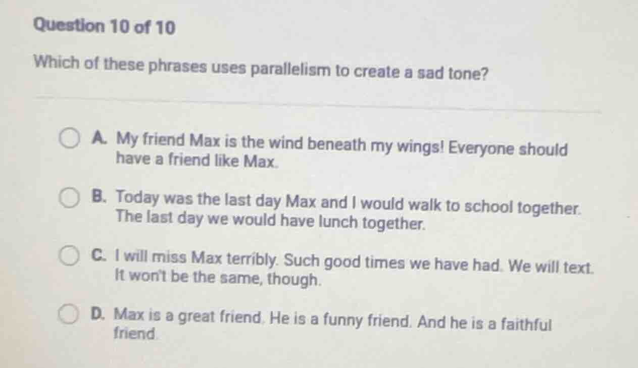question 10 of 10 which of these phrases uses parallelism to create a s…