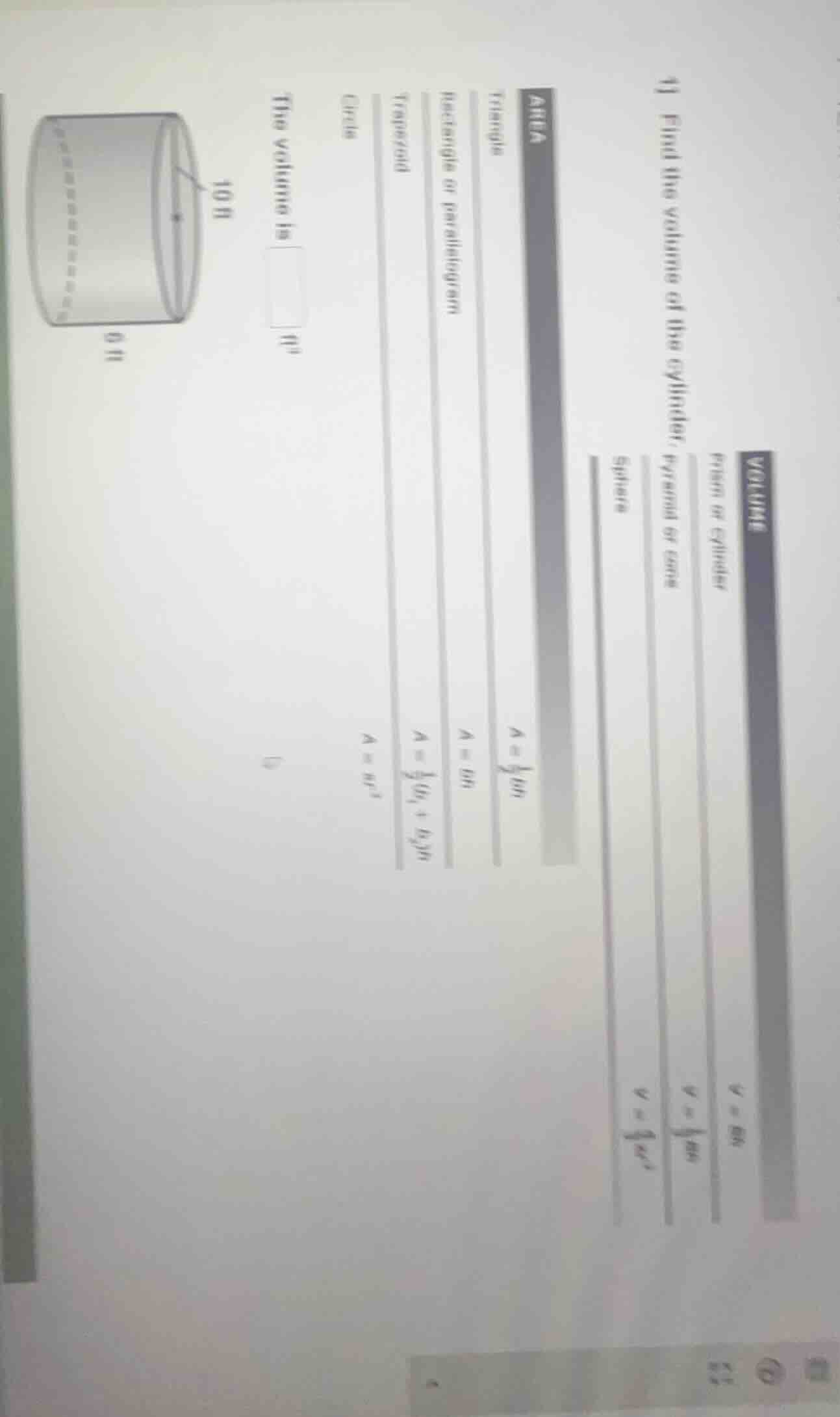 41 find the volume of the cylinder. the volume is (square) (ft^3)