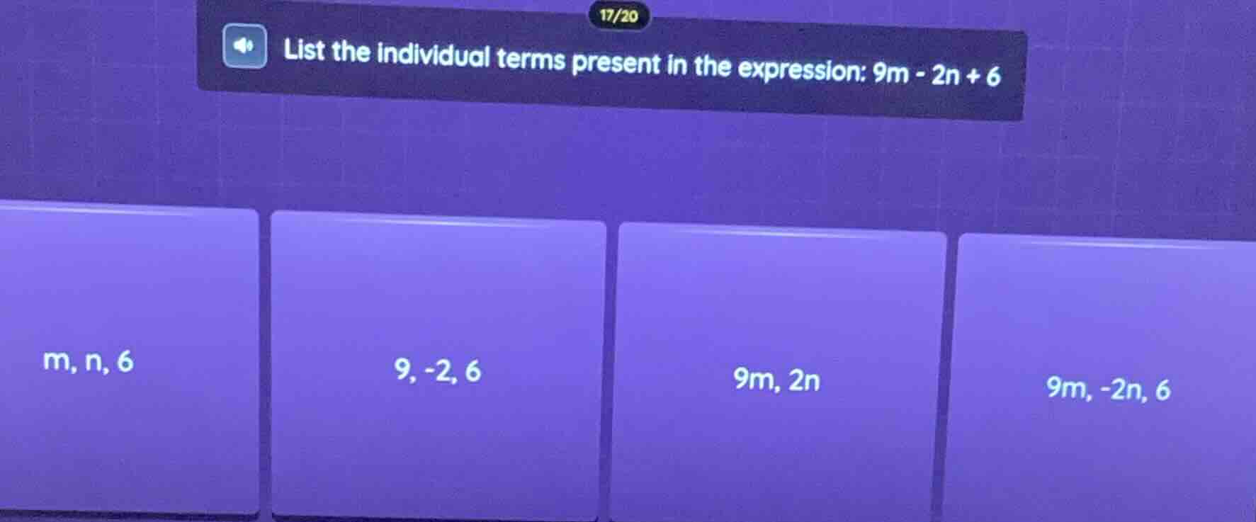 list the individual terms present in the expression: 9m - 2n + 6