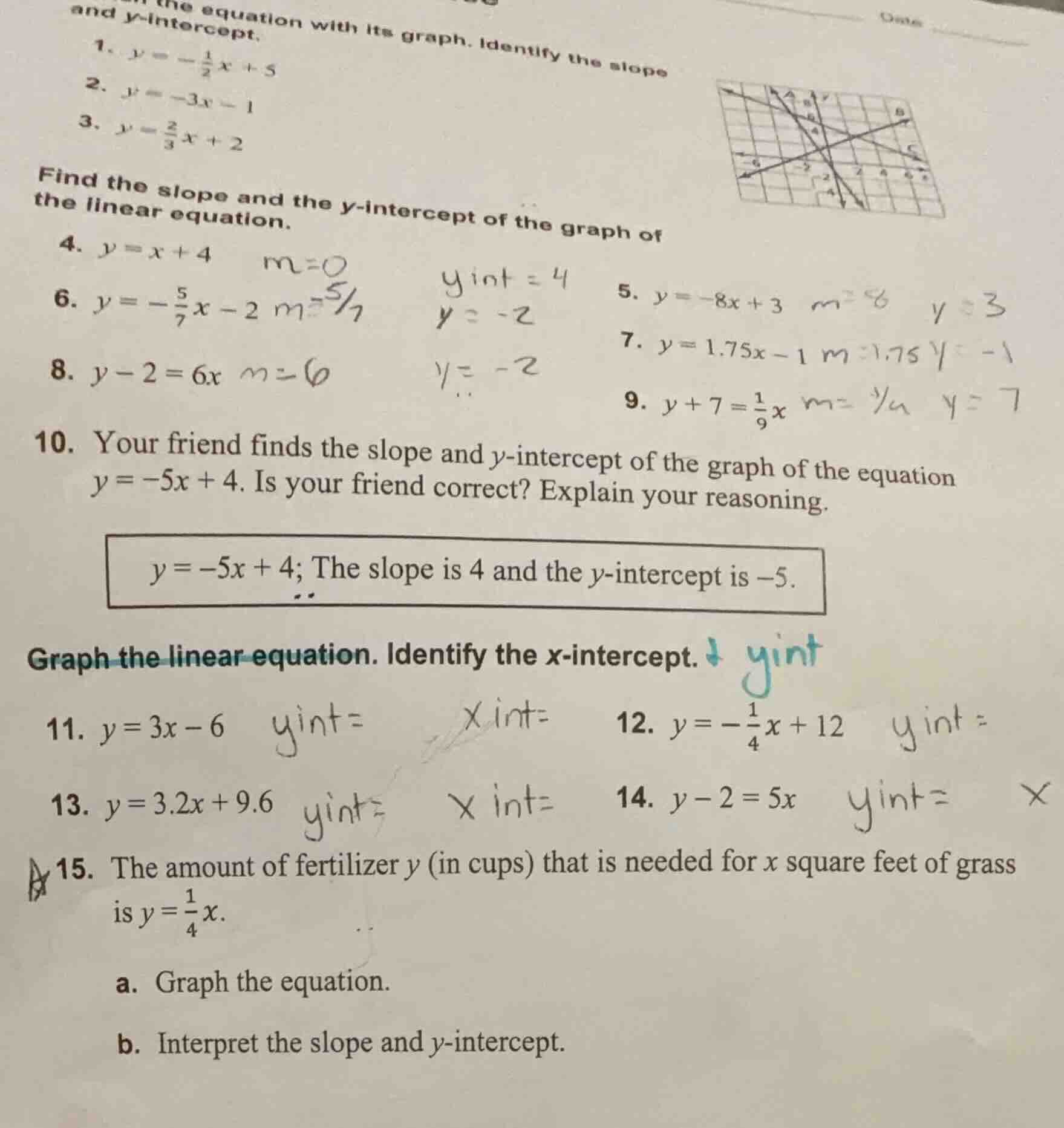 and y-intercept. the equation with its graph. identify the slope 1. $y …