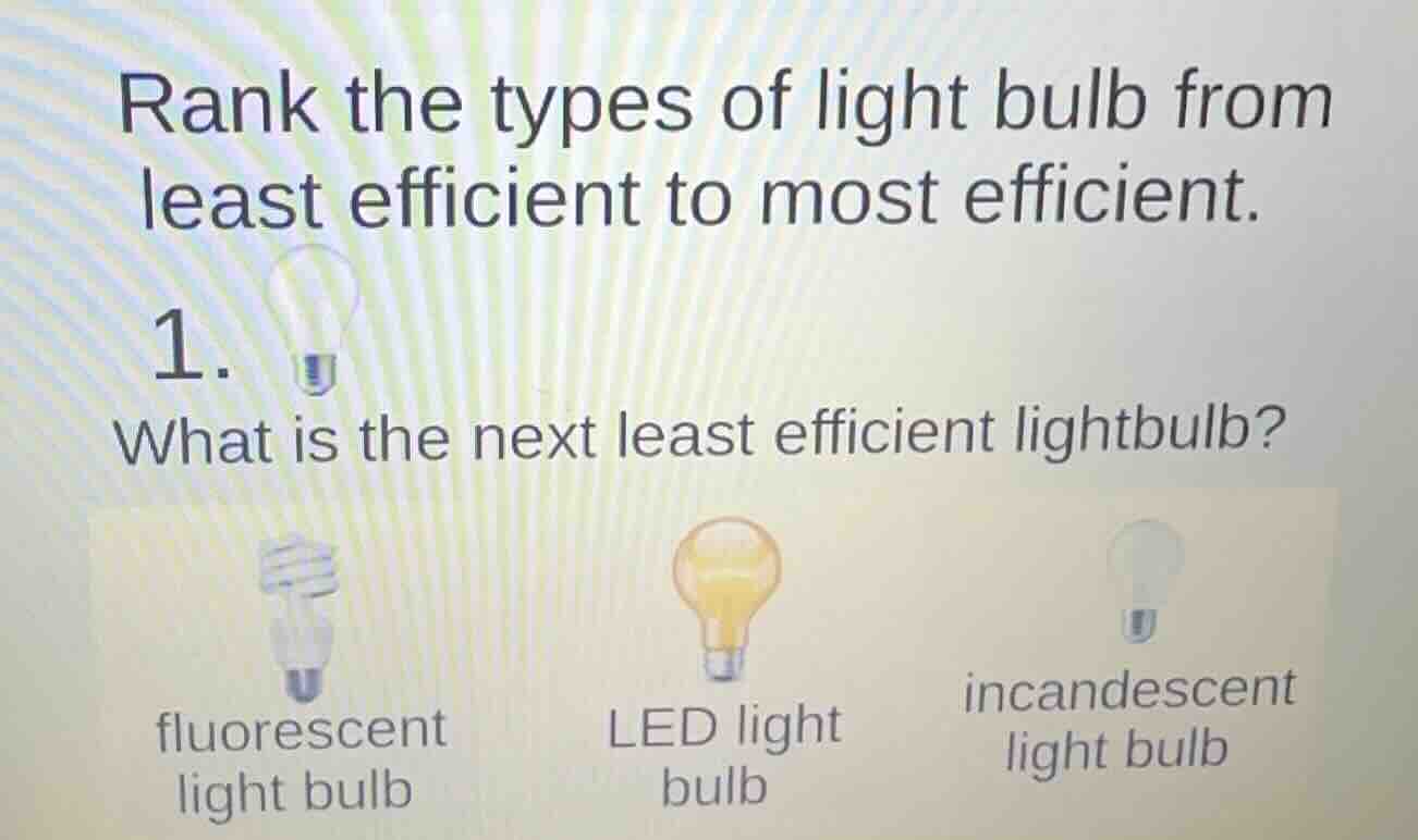 rank the types of light bulb from least efficient to most efficient. 1.…
