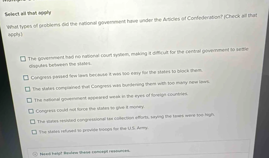 select all that apply what types of problems did the national governmen…