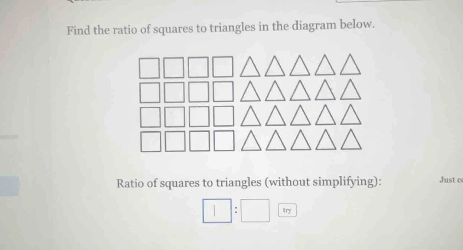 find the ratio of squares to triangles in the diagram below. ratio of s…