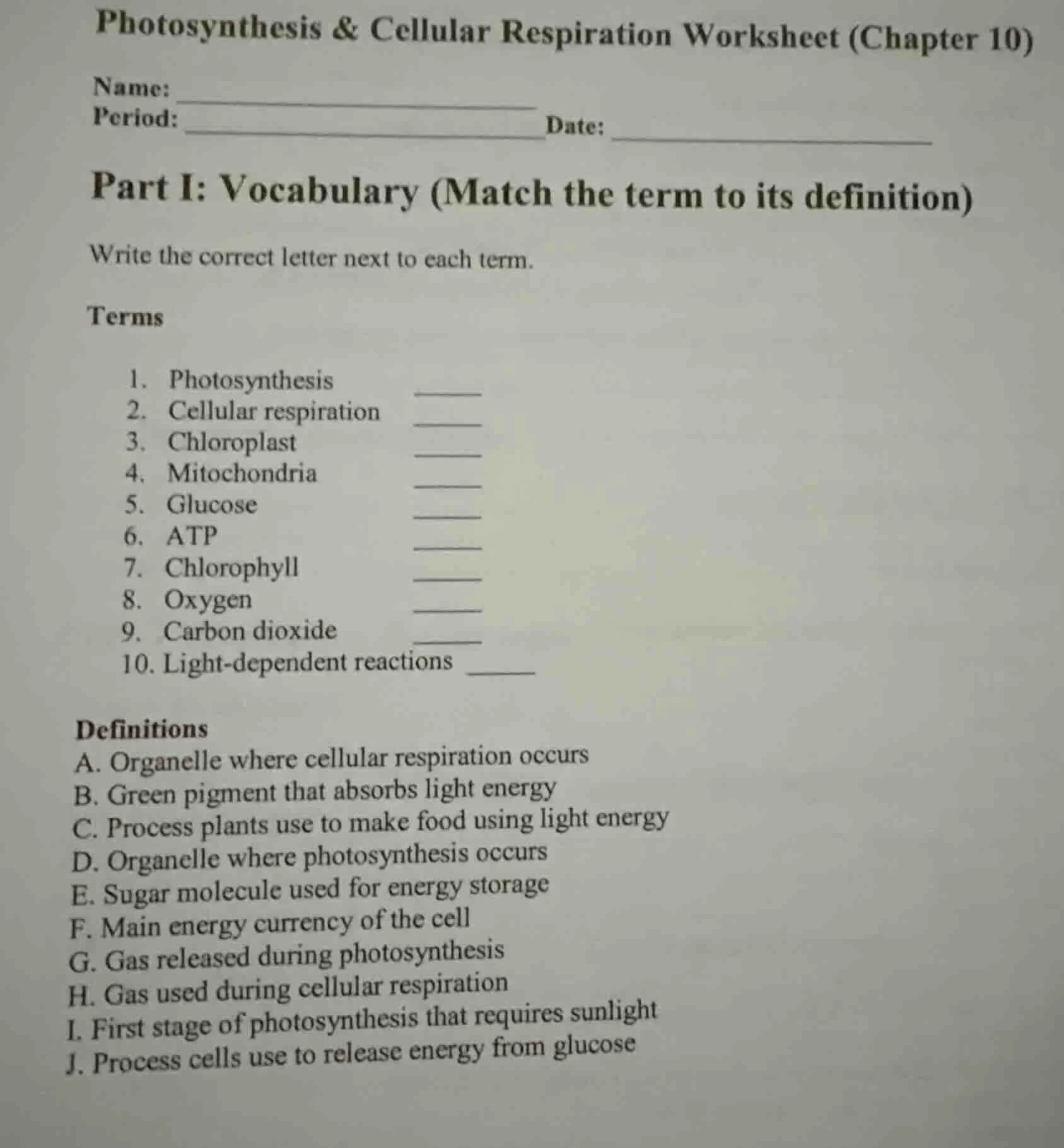 photosynthesis & cellular respiration worksheet (chapter 10) name: peri…