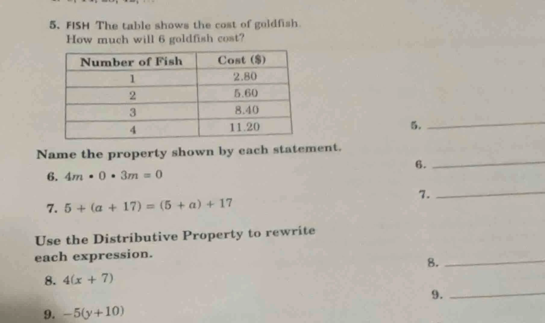 5. fish the table shows the cost of goldfish. how much will 6 goldfish …