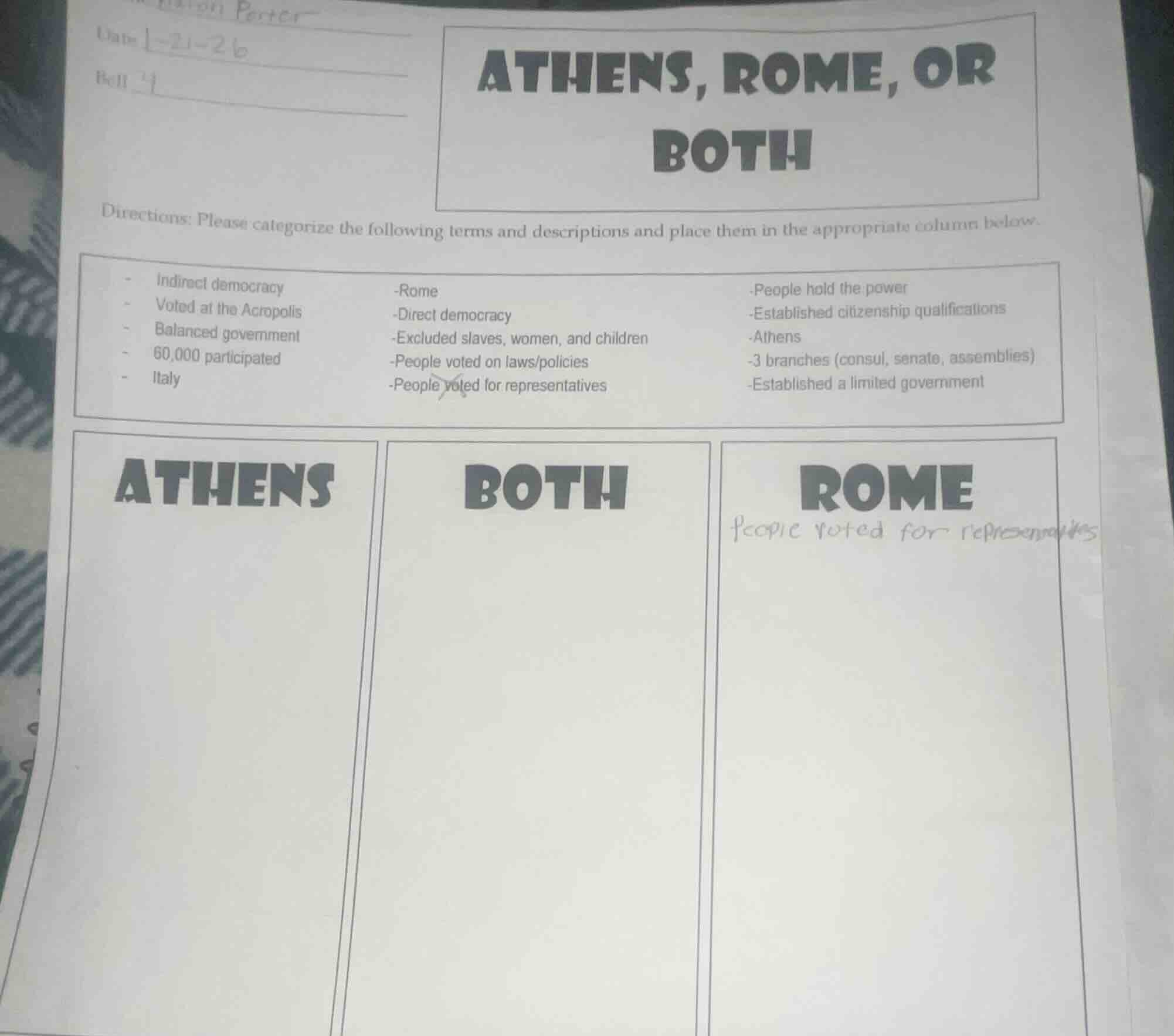 date 1-21-26 bell athens, rome, or both directions: please categorize t…
