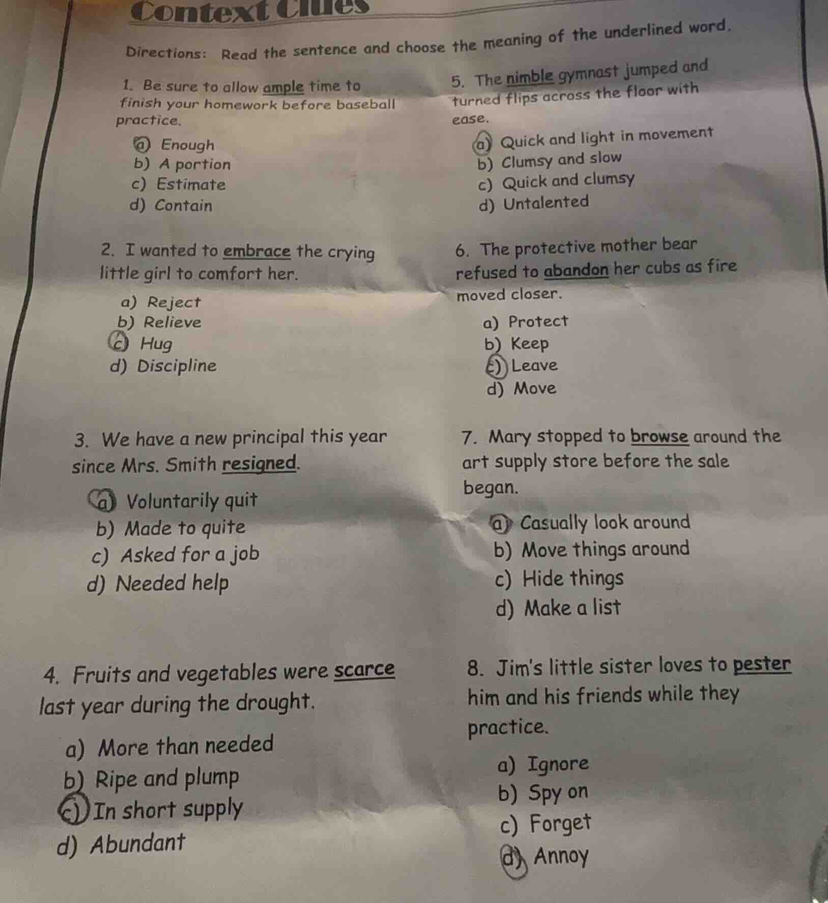 context clues directions: read the sentence and choose the meaning of t…