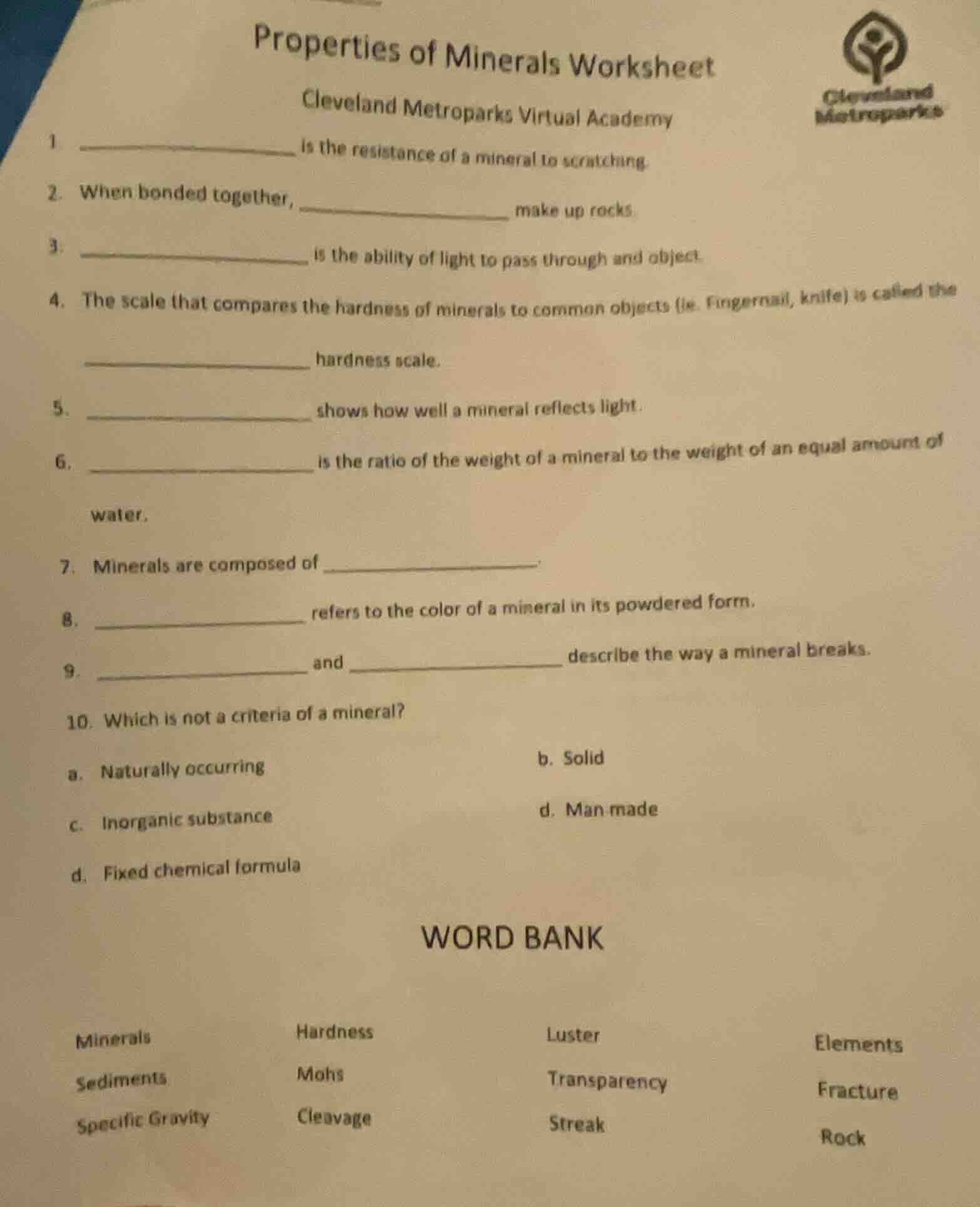 properties of minerals worksheet cleveland metroparks virtual academy 1…