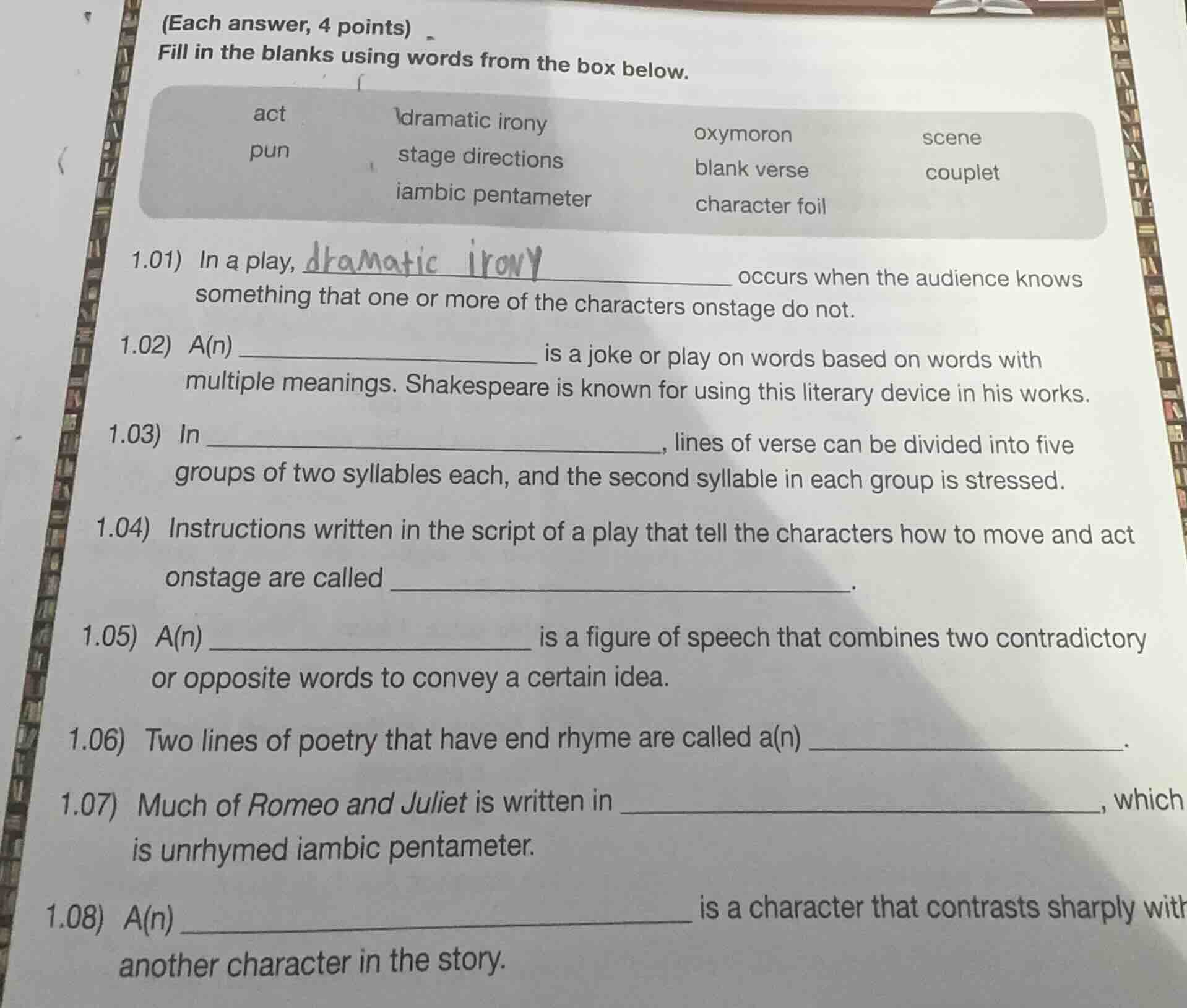 (each answer, 4 points) fill in the blanks using words from the box bel…