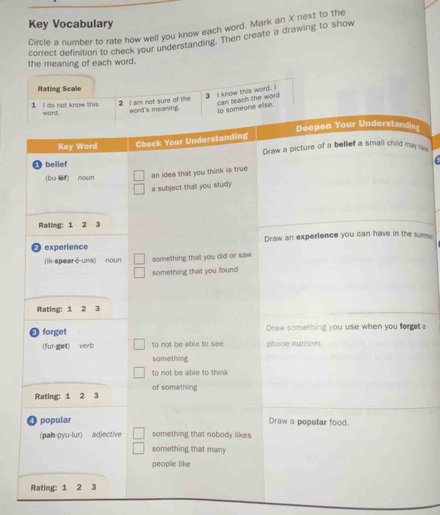 key vocabulary circle a number to rate how well you know each word. mar…