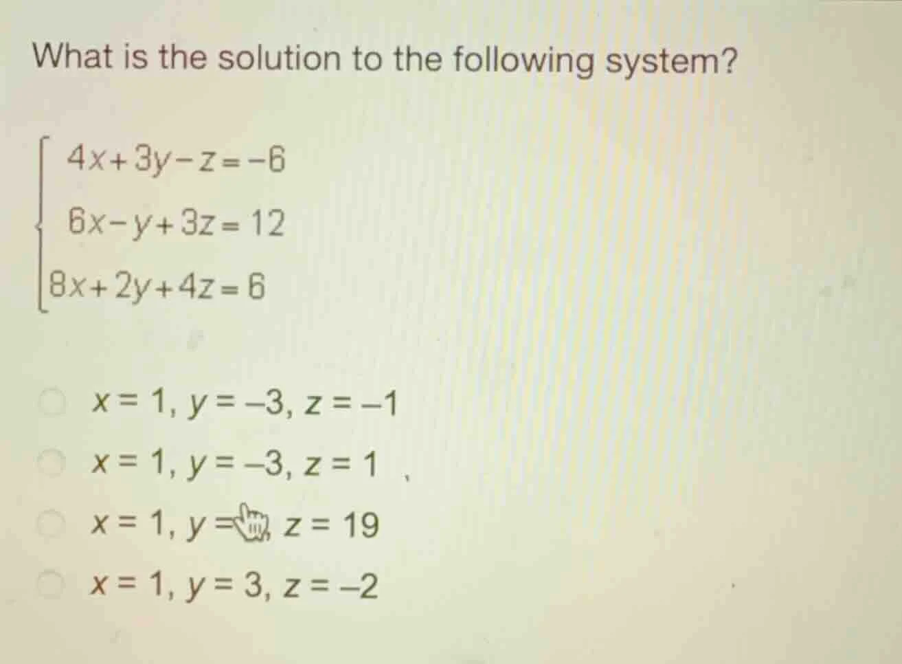 what is the solution to the following system?\\\\begin{cases}4x + 3y - …