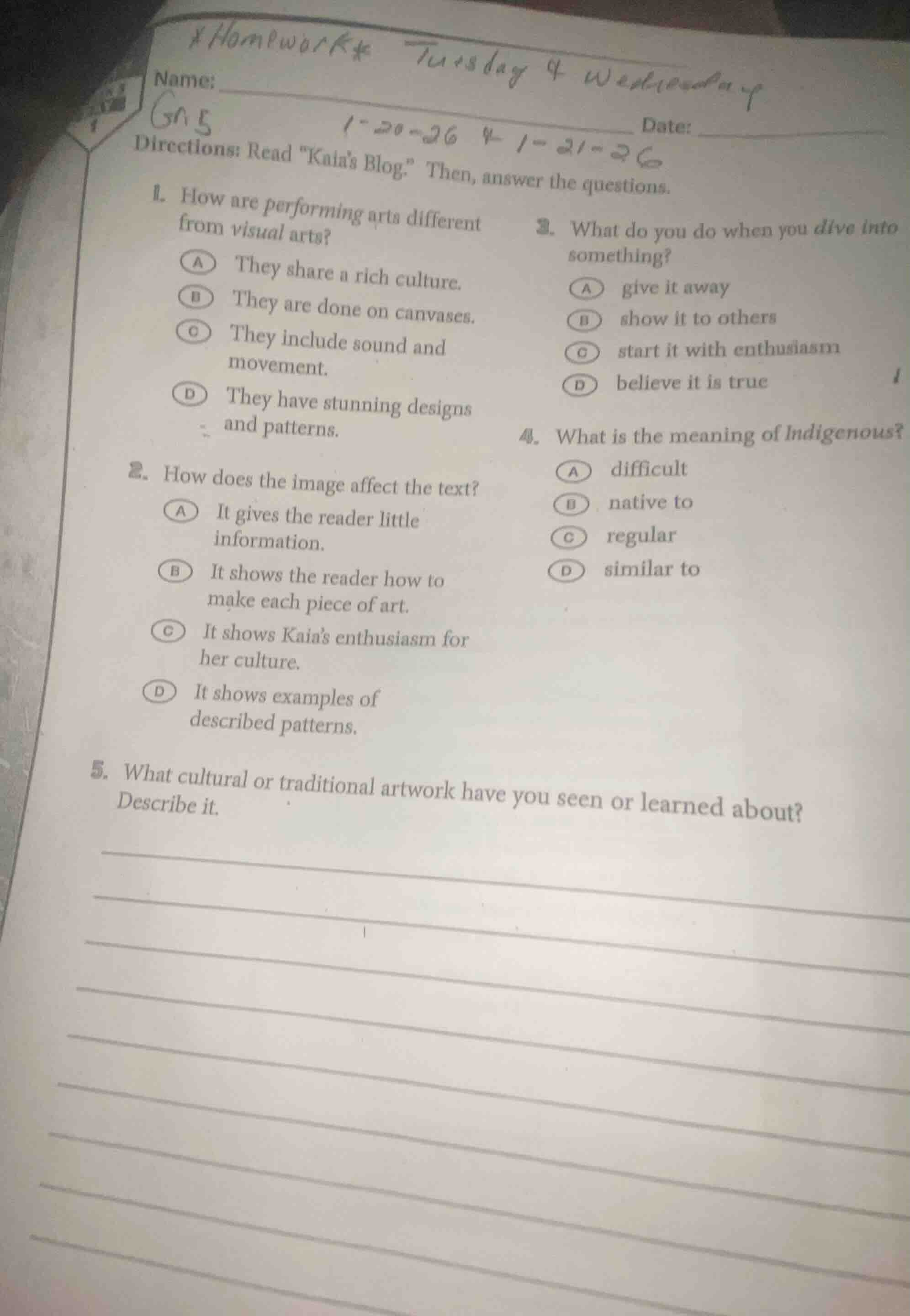 homework tuesday 4 wednesday name: date: directions: read \kaias blog.\…